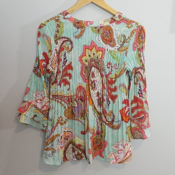 Melissa Paige Lace Up Bell Sleeve Pleated Paisley - Picture 6 of 11